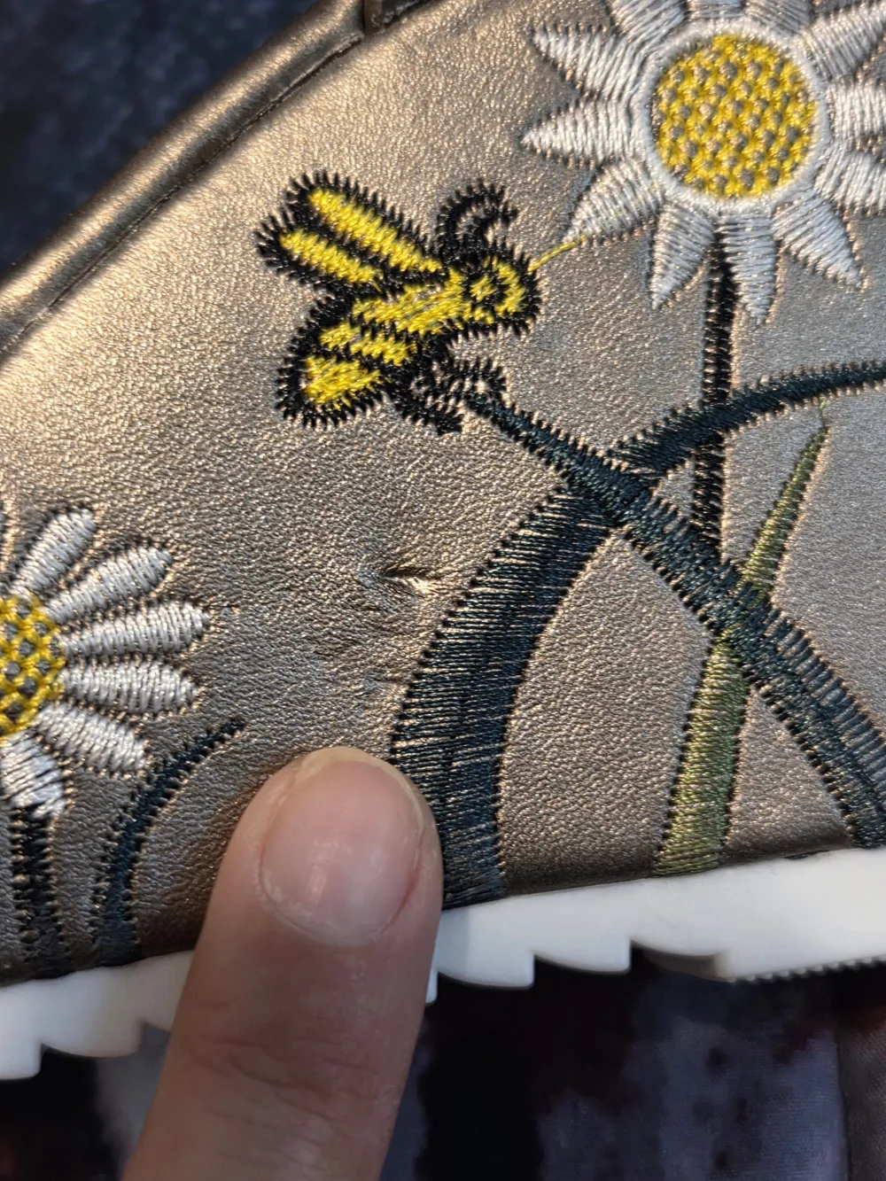 Metallic Silver Wedge Sandals with Embroidered Daisies